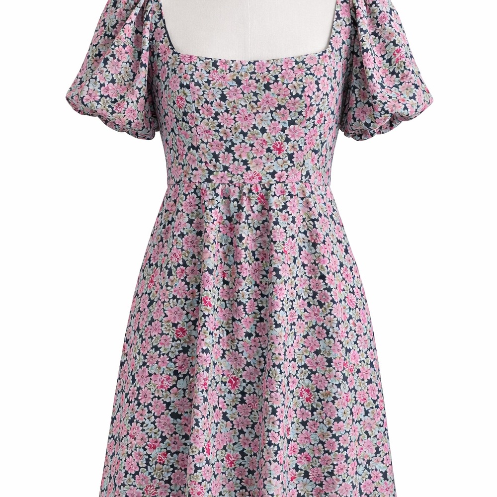 Romantic Lush Floral Mini Dress Puff Sleeve Smocked Back | Size L